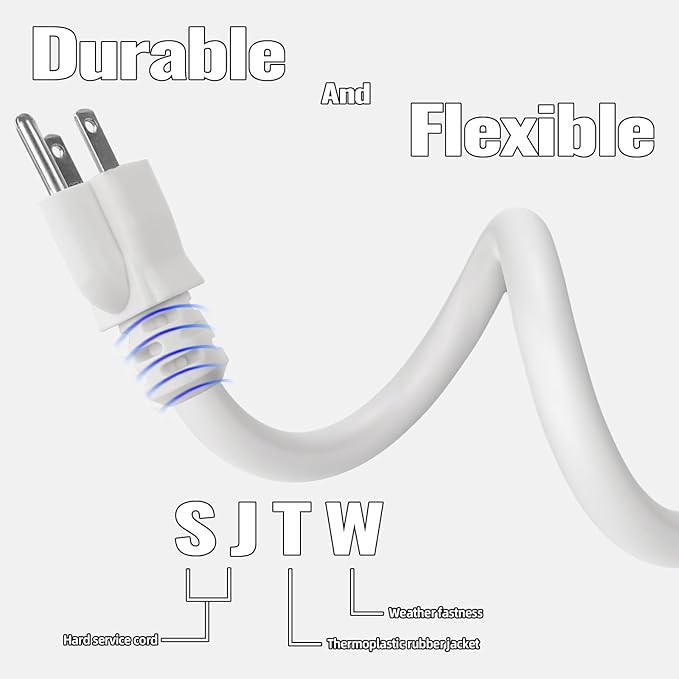 25 Ft Outdoor Extension Cord - 12/3 SJTW Heavy Duty White Extension Cable with 3 Prong Grounded Plug - Power Cord for Lawn, Garden, Appliances