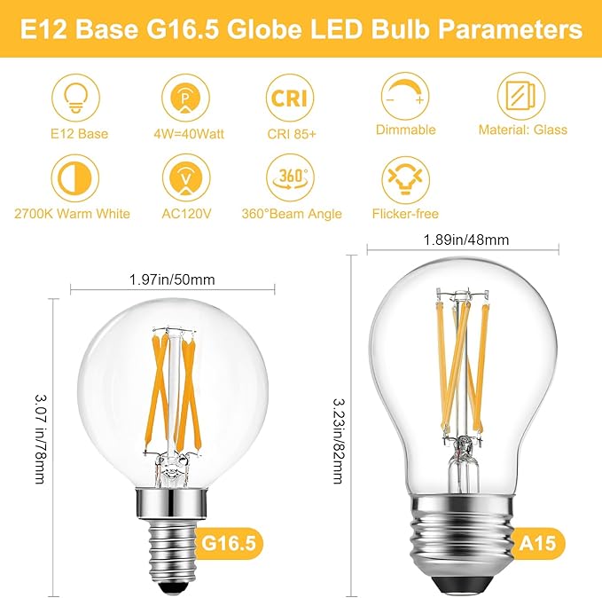BRIMAX 10 Pack G16.5 Light Bulbs,Dimmable 4W LED Bulbs,Equal to E12 Candelabra Bulb 40W,Small Globe Bulbs 400lm, 2700K Warm White,AC120V,Flicker Free for Ceiling Fans Pendant Chandelier