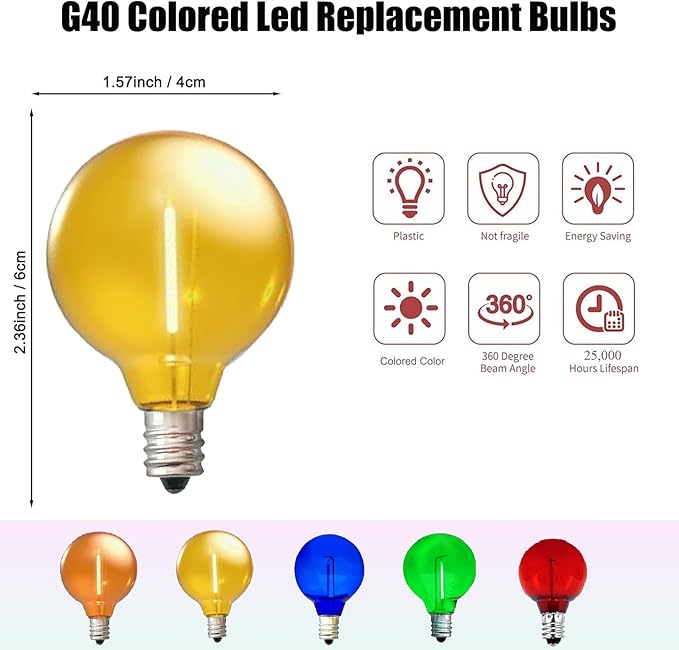 5 Pack G40 Yellow LED Replacement Christmas Light Bulbs,E12 Candelabra Base, Shatterproof Plastic, for Christmas Outdoor String Lights (5 PCS)