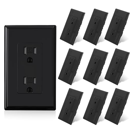 ELEGRP Decorator Wall Receptacle Outlet, Tamper Resistant 15A 125V Standard Electrical Wall Outlet, Residential Grade, Self-grounding, with Screwless Wall Plate, UL (10 Pack, Glossy Black)