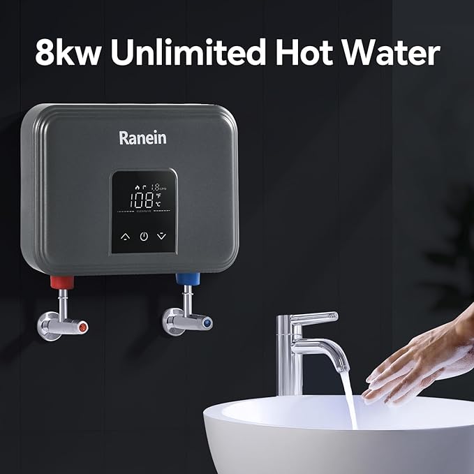Ranein 8kW Tankless Electric Water Heater, 240V on Demand Instant Endless Thermostatic Water Heater with LED Temperature Display for Bathroom and Kitchen sink