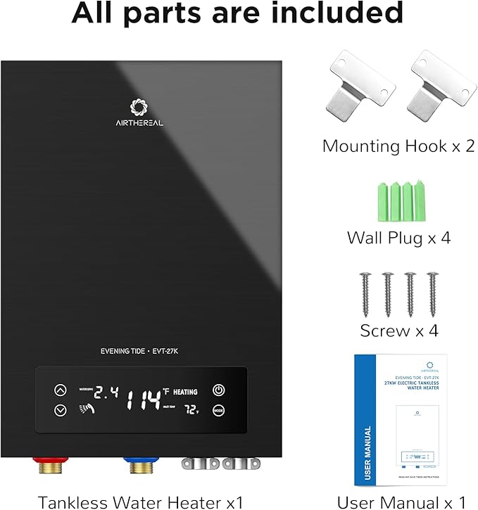 Airthereal Electric Tankless Water Heater, 27kW, 240Volts - Endless On-Demand Hot Water - Self Modulates to Save Energy Use - Small Enough to Install Anywhere - for 3 Showers, Evening Tide series