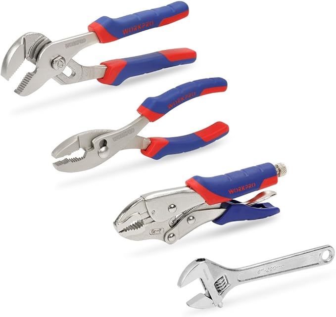 WORKPRO Pliers Set 4-piece Locking Plier Slip-joint Plier Groove Joint Pliers and Adjustable Wrench Home Maintenance Tool Kit