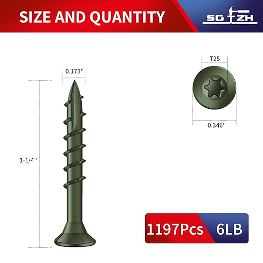 #8 x 1-1/4" Deck Screws (1197Pcs) 6lb. Exterior Wood Screws. Carbon Steel, Green, Flat Head, Rust Resistant epoxy Coated, with T25 Star Bit