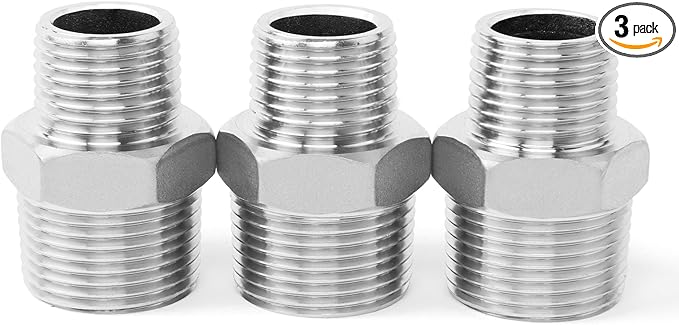ChillWaves 304 Stainless Steel Pipe Fitting, Reducer Hex Nipple 3/8" NPT Male x 1/4" NPT Male Thread Adapter(3-PACK)