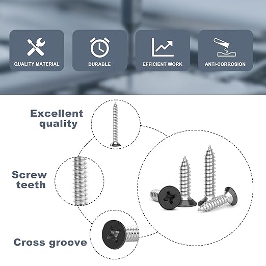 QISHENG 80 PCS Black Head #8 Stainless Steel Phillips Flat Head Wood Screws Assortment Set,Stainless Steel 18-8 A2(304) Screw,Home Screw Kit