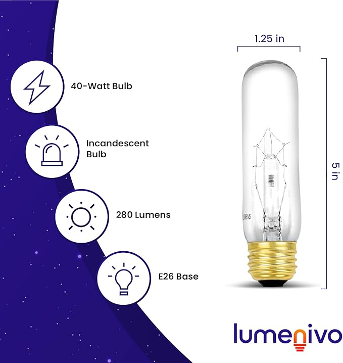 lumenivo Piano Light Bulb 40 watt 120 Volts 一 40T10/CL Light Bulb Display Replacement 一 T10 Bulb Medium Base (E26) 一 280 Lumen Clear Incandescent Bulb for Illuminated Display Units 一 6 Pack
