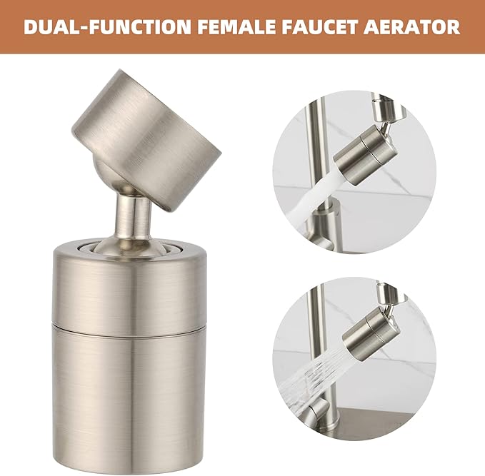 Hibbent Dual-function NSF/ANSI/CAN 61 Certified Faucet Aerator, CUPC Certification Rotate Kitchen Sink Aerator Sprayer Head 360° Swivel Sink Sprayer Attachment-55/64" Female Thread-Brushed Nickel