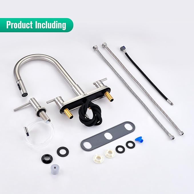 CREA 4 Holes Kitchen Faucets with Pull Down Sprayer and Soap Dispenser,Two Handles 8-Inch Bar Sink Faucet for RV Laundry Camper Utility Sink Brushed Nickel Stainless Steel