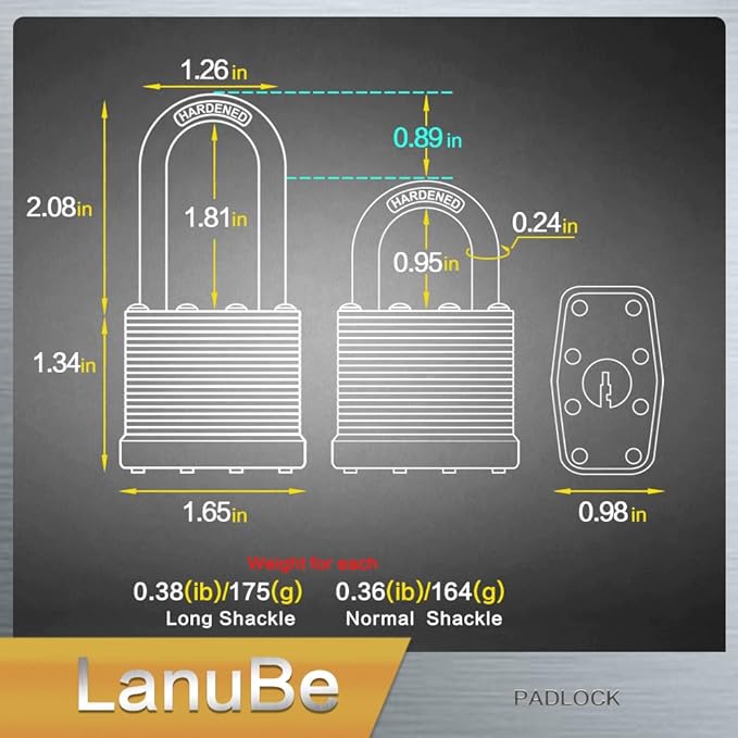 Lanube Lock 12-Pack Laminated Keyed Padlock Set 3 Colors, 2 Short 2 Long Shackles per Color,The Same Color and Shackles Combination. Open with The Same Key.6 Independent Combinations.
