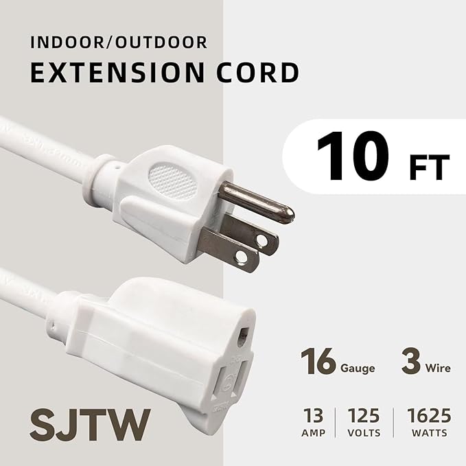 10ft Outdoor Extension Cord - 16/3 Heavy Duty SJTW Waterproof White Electrical Cable with 3 Prong Grounded Plug for Safety, Great for Lawn and Major Appliances