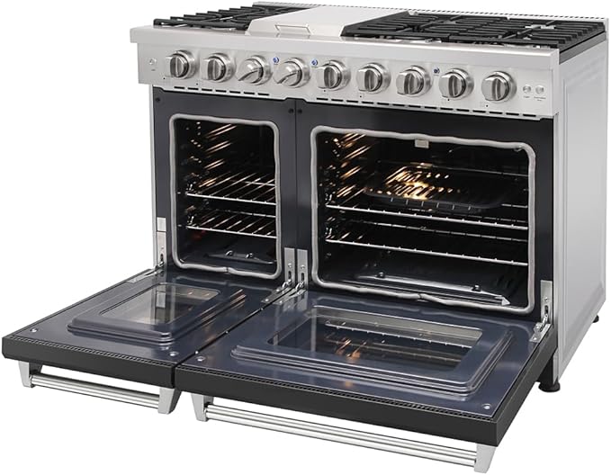 48 Inch Pro-Style Propane Gas Range with 6 Burners & 1 Griddle Cooktop, Double 4.6 cu. ft. and 2.2 cu. ft. Oven, in Stainless Steel - KOS-48RG03MLP (Black)