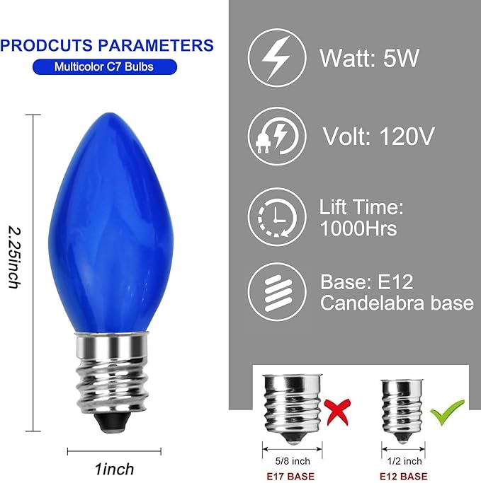 Abeja C7 Ceramic Christmas Replacement Bulbs, Blue Ceramic Christmas Lights Great for Night Lights, Decorative Lights and Christmas Strings, 25 Pack