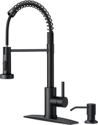FORIOUS Black Kitchen Faucet with Soap Dispenser, Single Handle Stainless Steel Spring Sink Faucet with Pull Down Sprayer Transitional for Pot Filler, Farmhouse Camper Bar Laundry Room