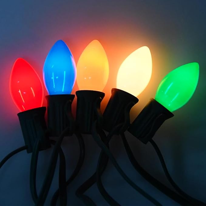 25 Pack Multicolor C7 Christmas Lights Replacement Bulbs Vintage Ceramic Multi-Colored Light Bulbs for Christmas Tree & Indoor Outdoor Xmas Lights C7 Replacement Bulbs, E12 Base, 5W
