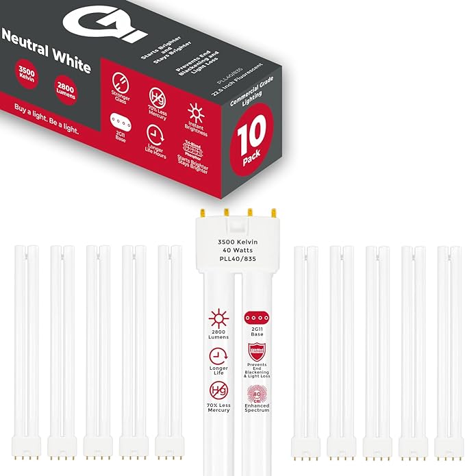 GoodBulb PLL40/835 40W 22.5" Twin Tube Compact Fluorescent Light Bulb 4-pin 2G11 Base 3500K Neutral White 2800 Lumen 12000 Hour Long Life Biax Pack of 10