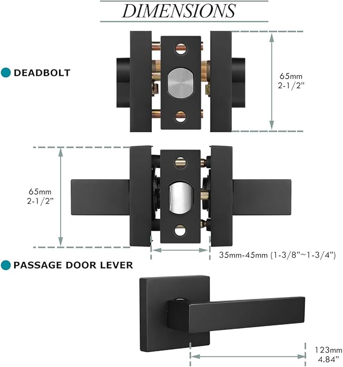 4 Pack Keyed Entry Door Lock with Deadbolt Set, Reversible Passage Lever and Keyed Alike Double Cylinder Deadbolt, Matte Black Square Handleset for Bedroom, Front Door