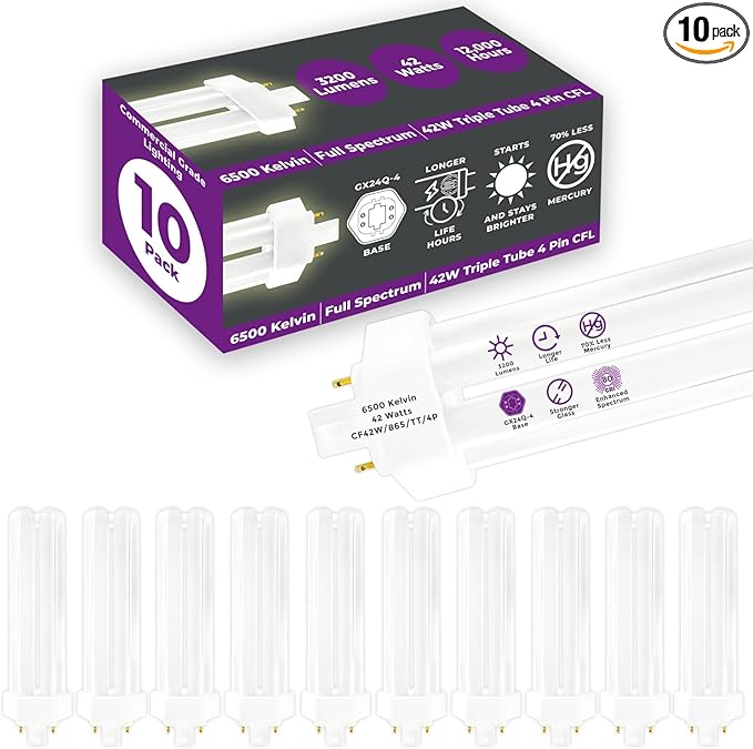 GoodBulb 42 Watt CFL Light Bulbs 4 Pin GX24Q-4 Base 6500K Full Spectrum 42W High Output 3200 Lumens Triple Tube Compact Fluorescent Light Bulbs Plug-in 10 Pack