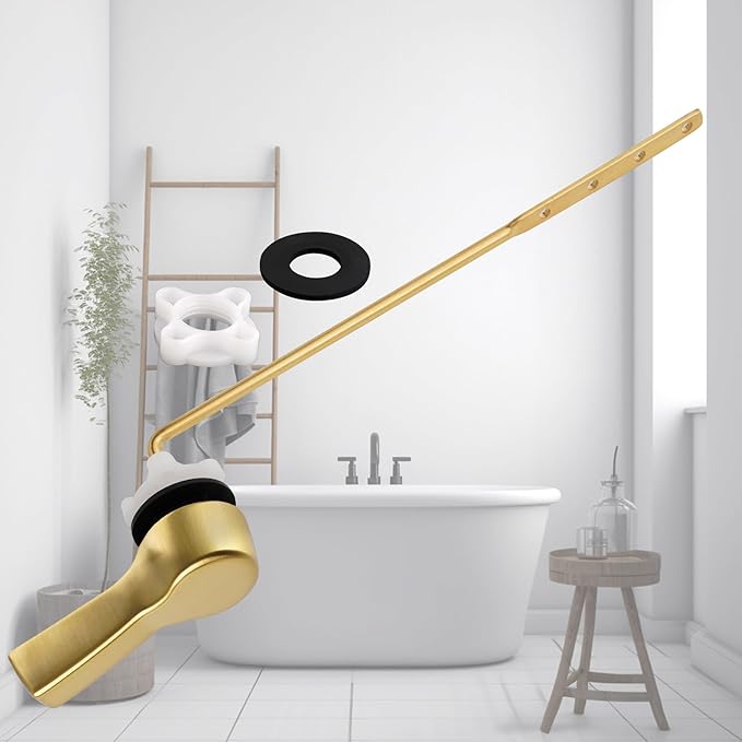 Hibbent Universal Metal Front Mount Toilet Handle Replacement Kit, Brass Toilet Flush Tank Lever with Stainless Steel Flapper Chains for Most Toilets, Brushed Gold Finish