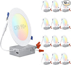 TORCHSTAR Basic Series 12-Pack 5CCT 6 Inch Ultra-Thin LED Recessed Lighting with J Box, CRI90, Aluminum, 2700K3000K3500K4000K5000K, 5%-100% Dimmable Slim Recessed Downlight, 12W 1000LM, ETL & ES