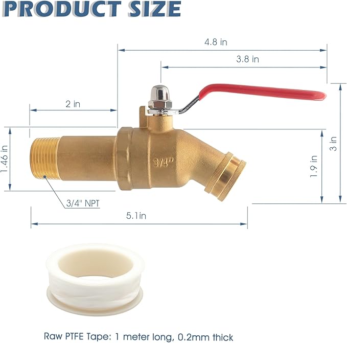 Water Heater Drain Valve 3/4" MNPT Full Port - Brass Sediment Flush Valve with 2 Inch Shank, 180° Handle Garden Hose Adapter Hot Water Heater Replacement Parts Fast Drain Tool Kit