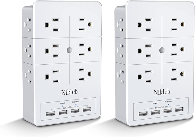Surge Protector Nikleb 2-Pack, Multi Outlet Plug with 4 USB, Wall Charger Box Multiports Total 4.8A, Electrical Outlet Splitter, Plugs for Outlets Wall Mount, USB Power Adapter Low Profile