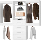 96" Modular Closet with Hanging and Drawers, White Wood Tower for Walk-In Closets, Wall-Mounted Wardrobe Organizer