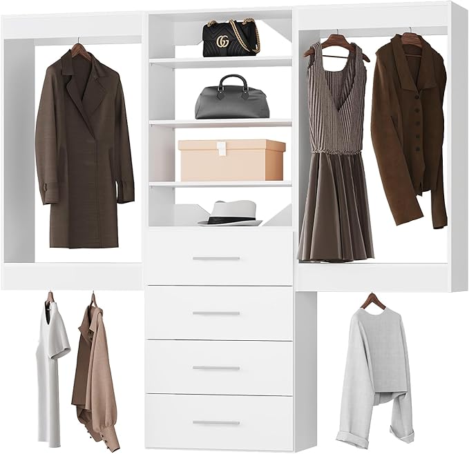 96" Modular Closet with Hanging and Drawers, White Wood Tower for Walk-In Closets, Wall-Mounted Wardrobe Organizer