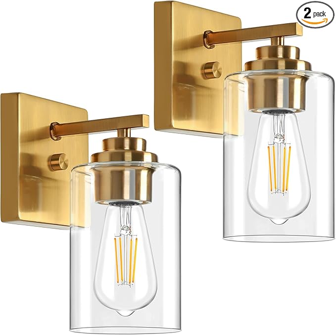 VerRon Wall Sconces, Gold Bathroom Light Fixtures, Modern Vanity Lights, Sconces Wall Lighting with Clear Glass, Sconces Wall Decor Set of 2, Light Fixture for Mirror, Living Room, Bedroom, Hallway