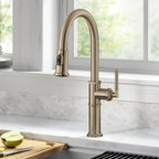 KRAUS Allyn Traditional Industrial Pull-Down Single Handle Kitchen Faucet in Brushed Gold, KPF- 4100BG