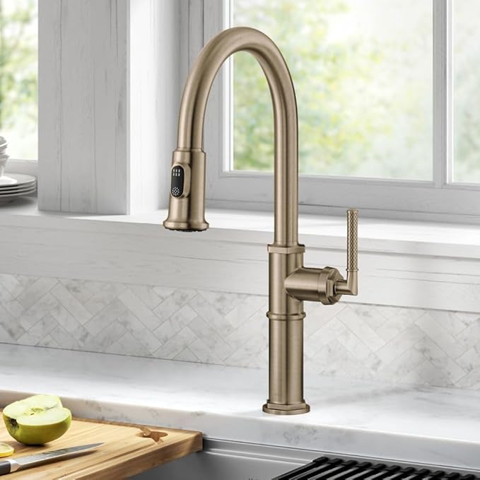 KRAUS Allyn Traditional Industrial Pull-Down Single Handle Kitchen Faucet in Brushed Gold, KPF- 4100BG