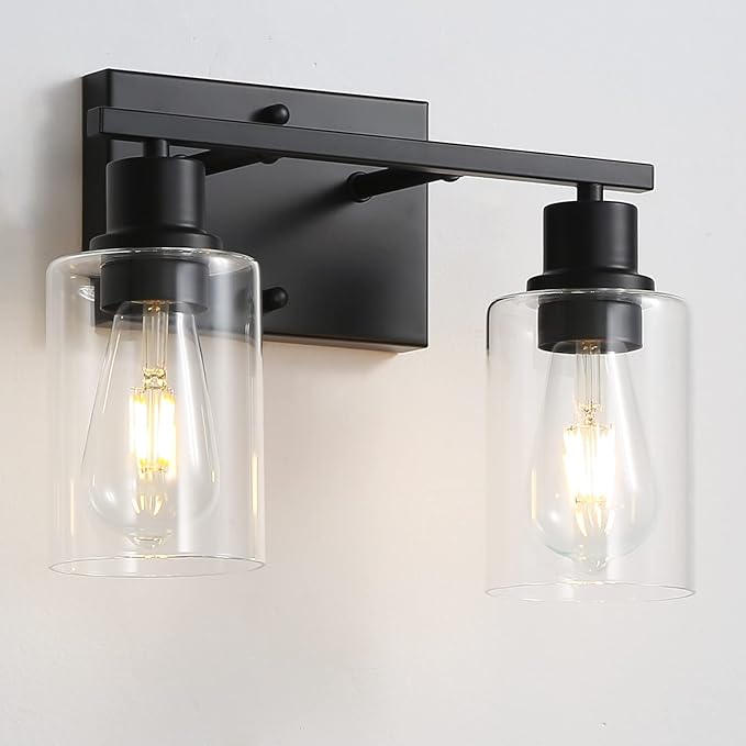 EMONG 2-Lights Bathroom Light Fixtures, Matte Black Vanity Light with Glass Shade, Modern Wall Sconces Lighting for Bathroom,Mirror,Farmhouse,Hallway