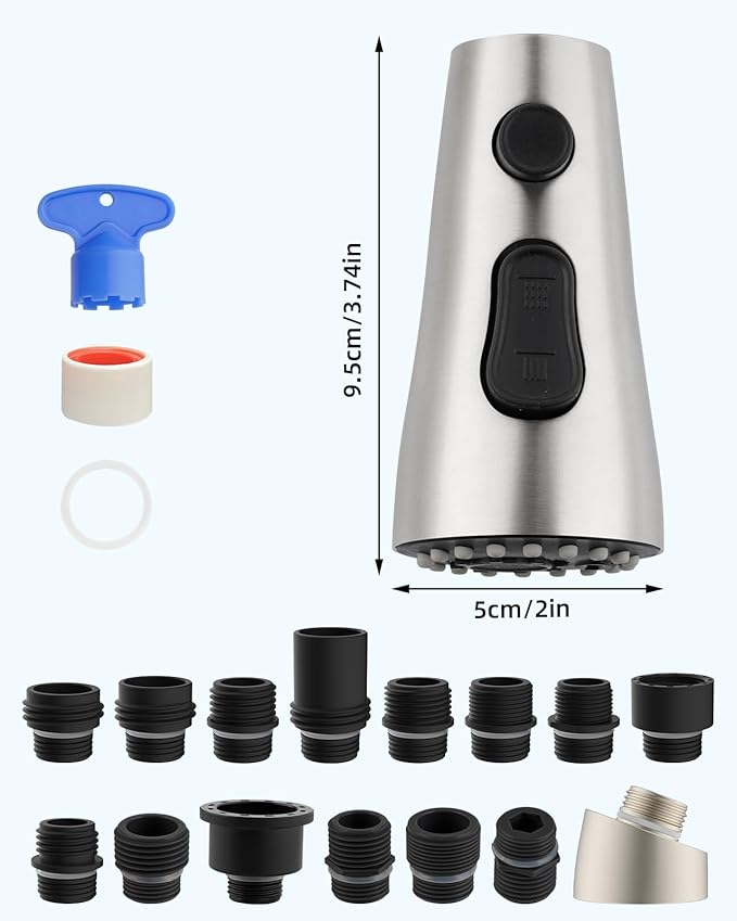 Hibbent Stainless Steel Pull Down Spray Head Replacement with 15 Adapters, NSF/ANSI/CAN 61 & CUPC Certified 3-Function Kitchen Faucet Nozzle, Compatible with Moen, Delta, Kohler Faucet, Brushed Nickel