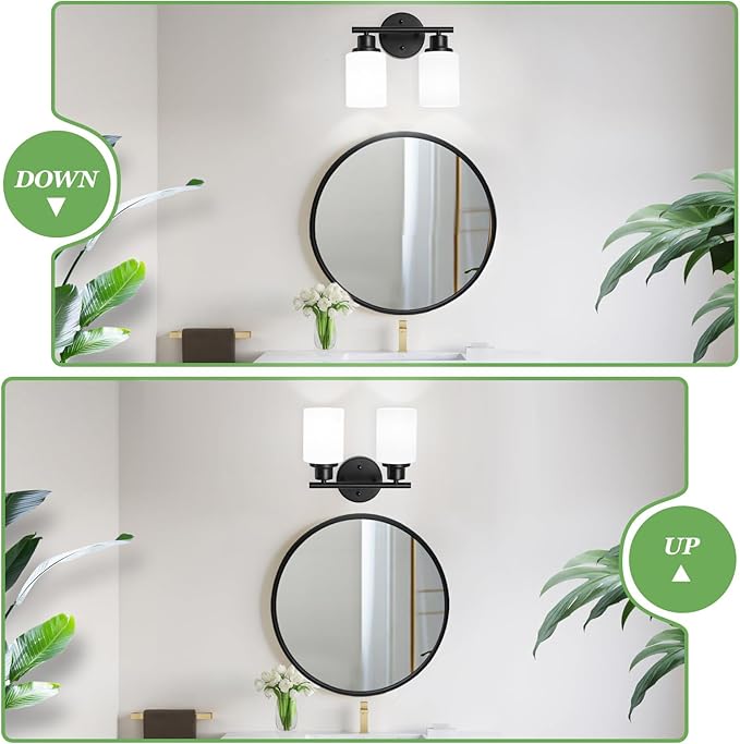 2-Light Vanity Lights, Black Bathroom Light Fixture with Striped Textured Milky White Glass Shade, Modern Vanity Lighting Fixture for Bathroom Wall Light Over Mirror, E26 Wall Sconce