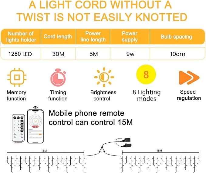 Christmas String Lights Outdoor - 99Ft/30M 1280 LED 8 Modes with Remote Control and App Waterproof Christmas Lights for Patio Yard Garden Wedding Party-Warm White
