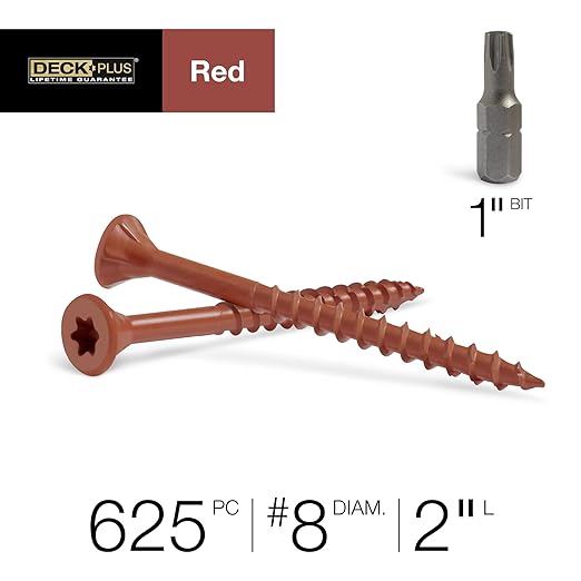 Deck Plus 2 Inch Epoxy Coated Exterior Wood and Fence Screws #8 x 2 Torx/Star Drive Included Coarse Thread, Outdoor Rust Resistant Decking Screw, Red, 5lb Box, 735 Pieces | 48428