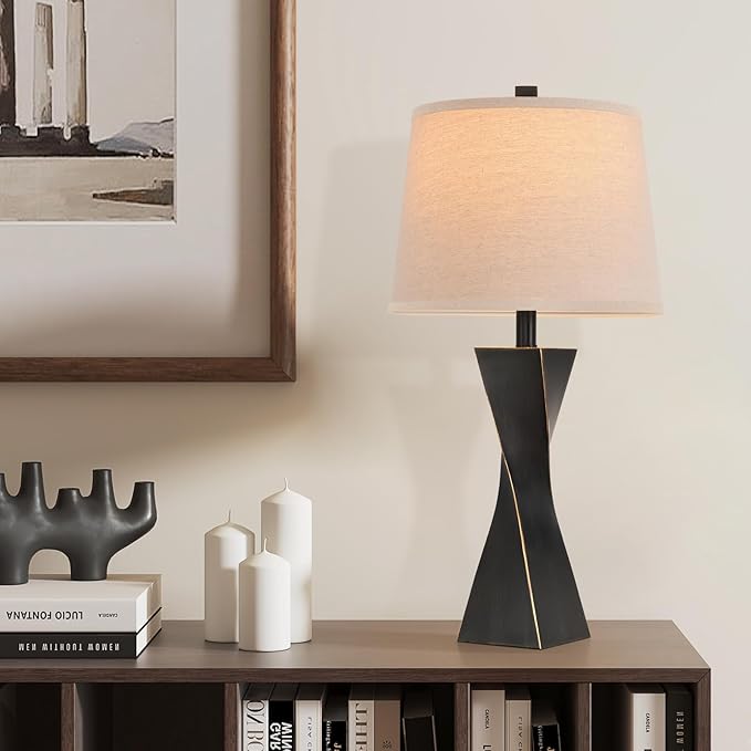 Bedside Lamps Set of 2 Unique Modern Vintage Table Lamp Rustic Farmhouse Desk Lamps for Living Room End Tables Bulb Not Included, Linen Shade, 26.5 in,Black Gold
