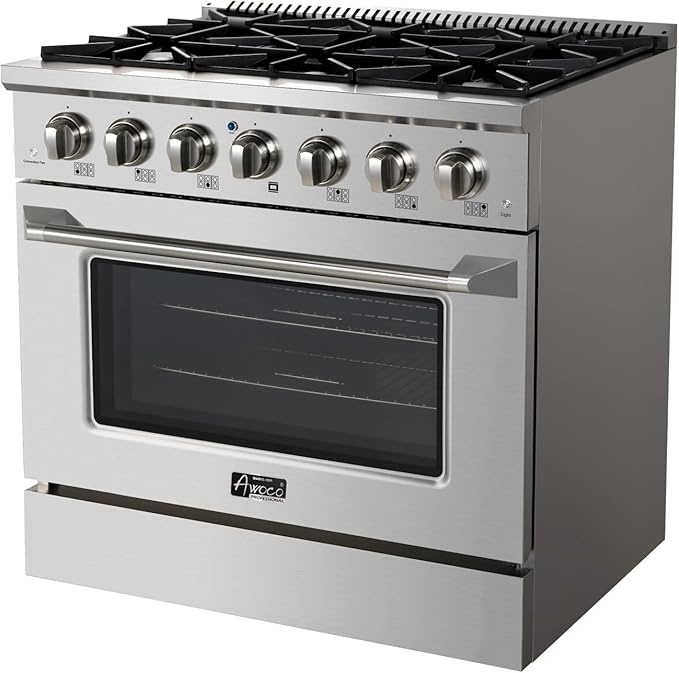 Awoco Professional 36” Freestanding 6 Burners Natural Gas Range with 4.5 cu ft. Convection Oven and 2 Racks (36 Inch)