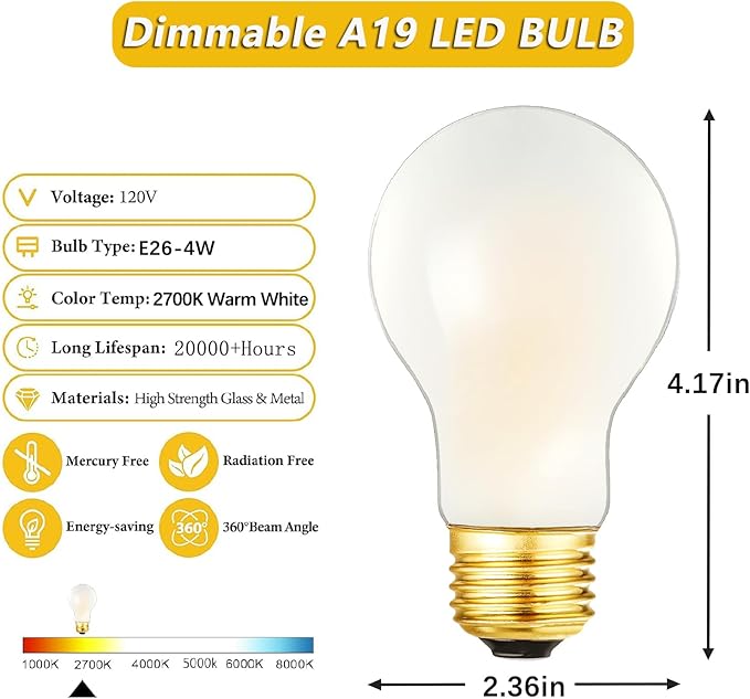 A19 Frosted Vintage LED Edison Bulbs 40W, E26 Dimmable LED Filament Light Bulbs, 2700K Warm White,4W Equivalent 40W,400LM, AC120V, A19 Frosted Light Bulbs with 90 CRI,6Pack