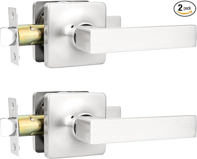 GOBEKOR 2 Pack Brushed Nickel Interior Door Handles Passage for Hallway Closet Lever Door Handles Square Door Levers Keyless Straight Door Lock