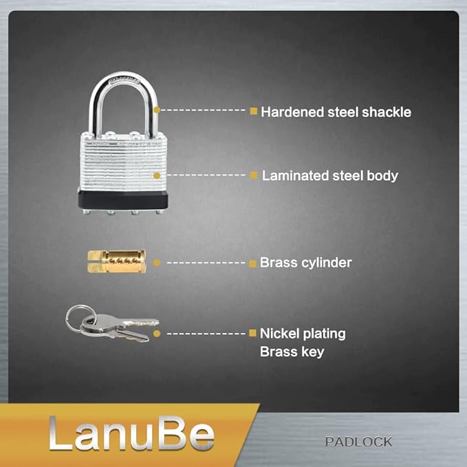 LanuBe Lock Laminated keyed padlock1-9/16 inch, keyed Alike Locks, Normal Shackle,Marked Black Plastic Hoop, Pack of 120