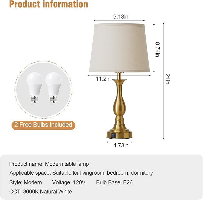 Bedside Table Lamp Touch Control Bedroom Lamps with USB-C USB-A Charging Port 3 Way Dimmable Touch Lamps for Nightstand Living Room Bedroom Dorm Home Office Reading, Set of 2