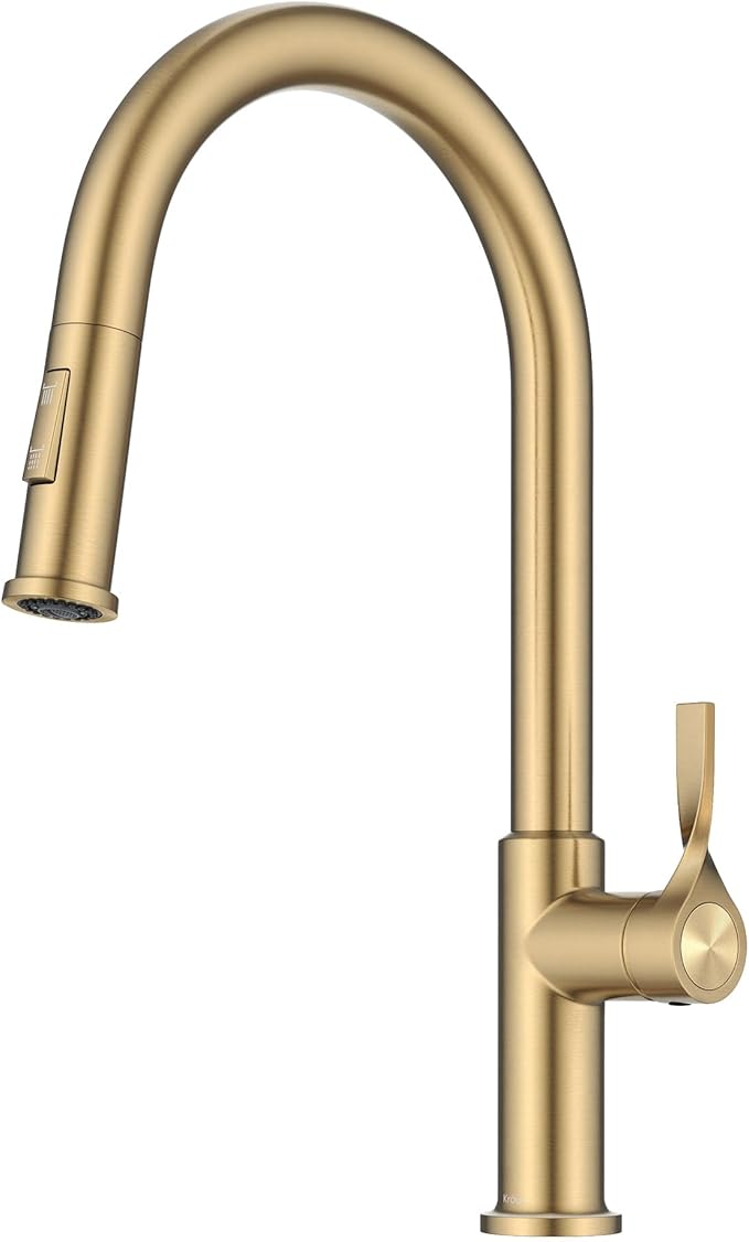 KRAUS Torak Pull Down Kitchen Faucet in Spot-Free Brushed Brass with 2 Function Sprayer, Pre-Attached Water Lines, and Mounting Hardware, KPF-2840SFBB