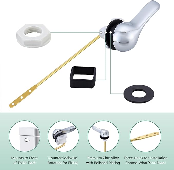 Toilet Handle Lever Flush Replacement Universal Toilet Handle Lever for American Standard/Mansfield Toilet, Front Mount Zinc Alloy Toilet Flush Handle with H2 Brass Arm