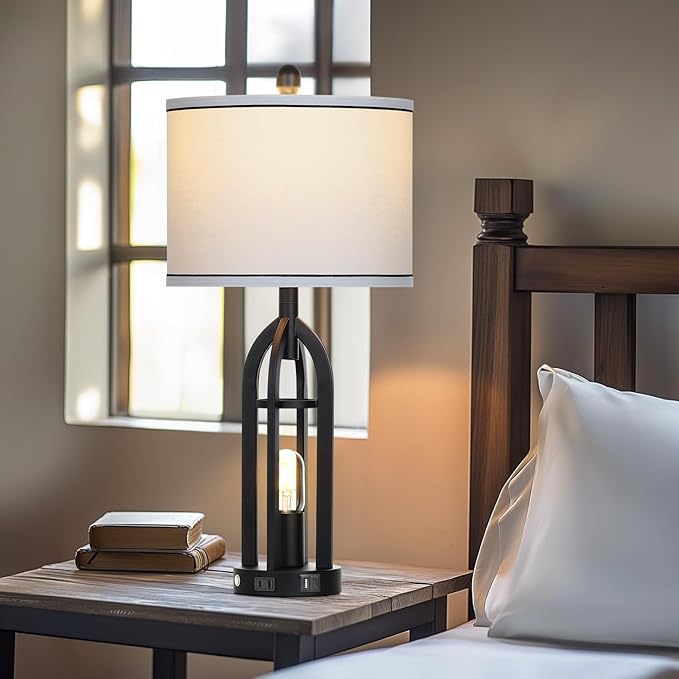 27" Black Table Lamp for Living Room,Black Table Lamps Set of 2 with USB & AC Outlet, 3-Way Dimmable Farmhouse Lamps for Night Stands, Vintage Bedside Lamp for End Tables, Nightstand Lamps for Bedroom