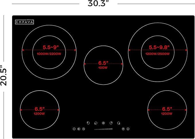 Empava 30 Inch Electric Cooktop 5 Radiant Burners with 2 Dual-Zone Elements & 100W Warmer, Touch Controls, Timer, Child Lock, Built-in Ceramic Glass, Hardwired, ETL Certified