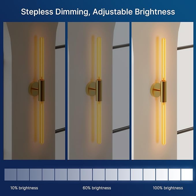 FLSNT 2 Light Modern Brushed Gold Wall Sconce with E26 Sockets, Includes 4W Dimmable Gold-Tinted T30 Bulbs, 2200K Warm Amber Glow, 90CRI, Steel Construction, Vintage Wall Light for Living Room