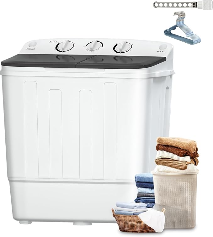 Sportpulse Mini Twin Tub 18lbs Portable Washing Machine, 11lbs Washer & 7lbs Spinner, Small Laundry Washer with Time Control for Camping, Apartments, RV (Black, 18lbs)