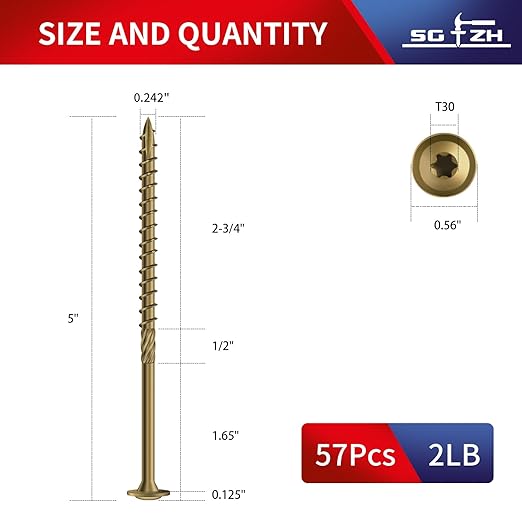 #14 x 5 Inch Lag Screws (57Pcs) 2lb. Structural Wood Screw, Bronze, Carbon Steel, Washer Head, Rust Resistant epoxy Coated, T30 Star Bit
