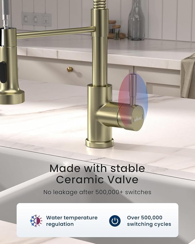 APPASO Gold Kitchen Faucet, Brushed Gold with Pull Down Sprayer and Soap Dispenser, Commercial Kitchen Sink Faucet Stainless Steel